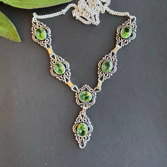 925 Silver Faceted Peridot Necklace 22" - Picture 2 of 6